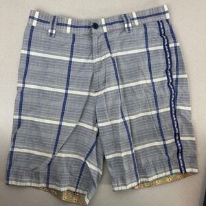 Robert Graham Shorts Mens 32 Blue Gray Plaid Chino Flat Front 9 Inseam Casual